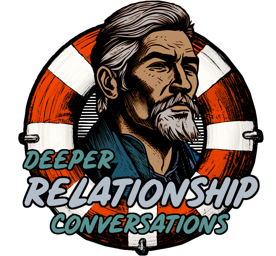 BigJake Logo - a life-preserver ring with a middle-aged man's head and shoulders with the word Relationship displayed across it.  Also the words deeper conversations.